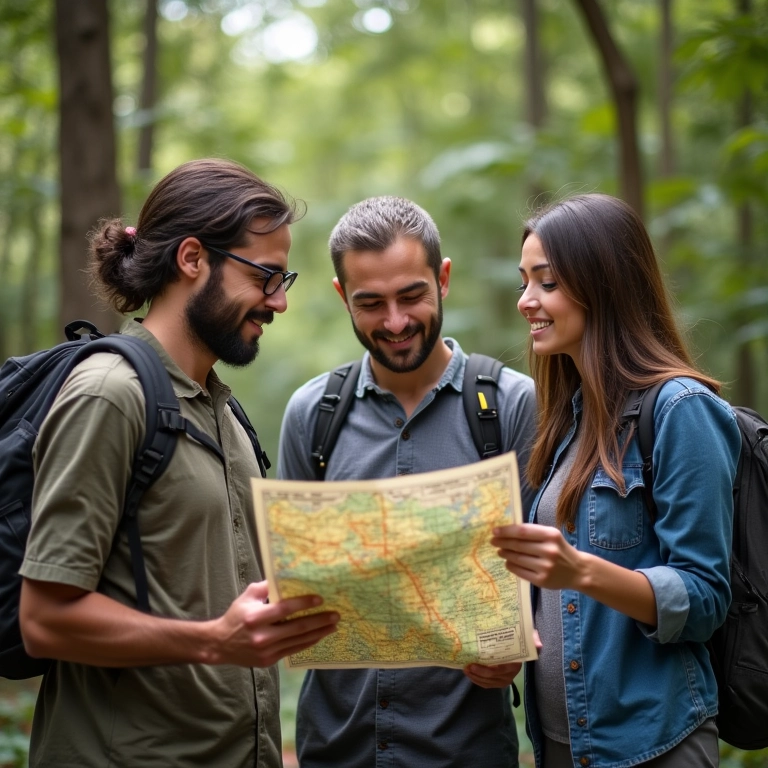 Grupo planejando roteiro 4x4 no Parque de Vila Velha com mapa e GPS.