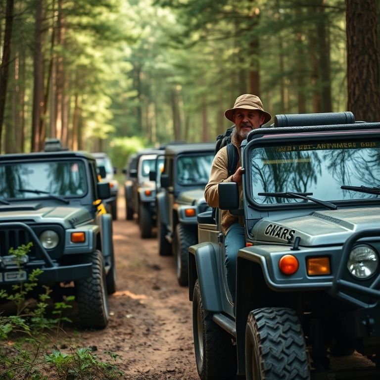 Guia local liderando grupo de 4x4 em trilha na floresta.