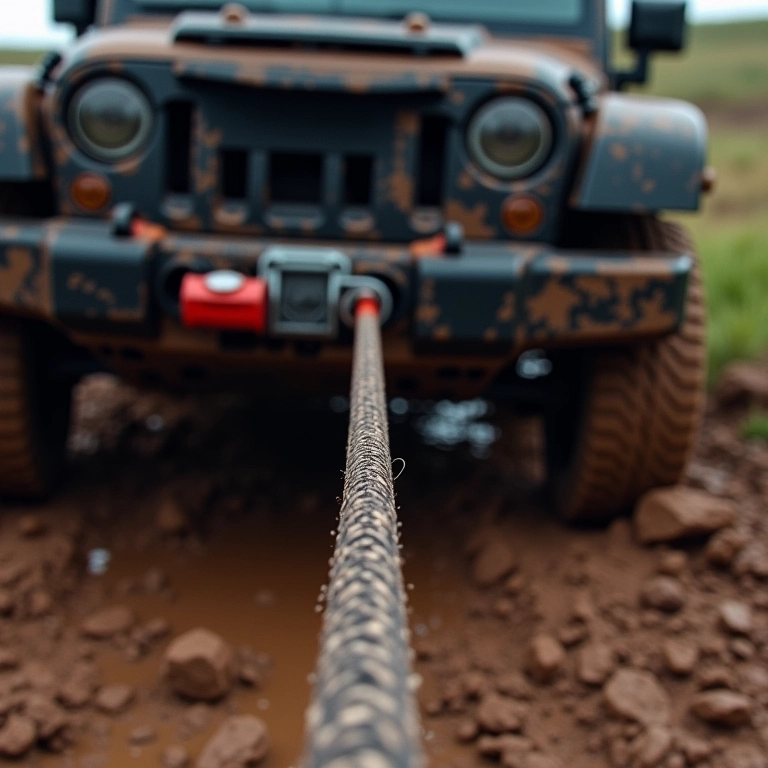 Guincho elétrico 4x4 puxando veículo atolado na lama.