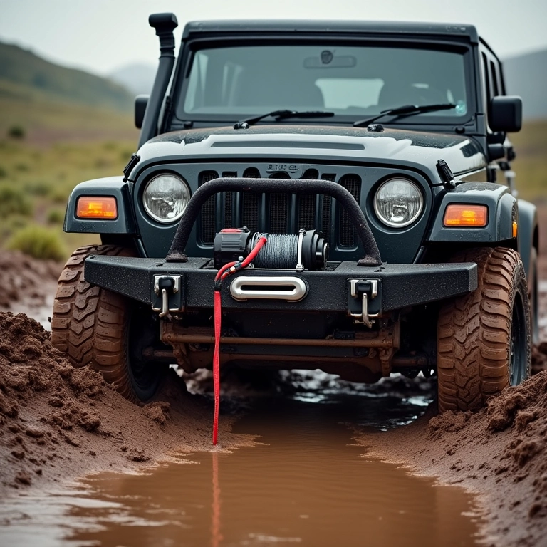 Guincho Warn VR EVO 10-S puxando um veículo 4x4 da lama.