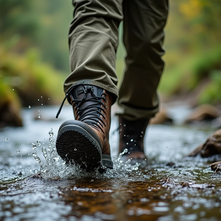 Hiker atravessando riacho com botas impermeáveis.
