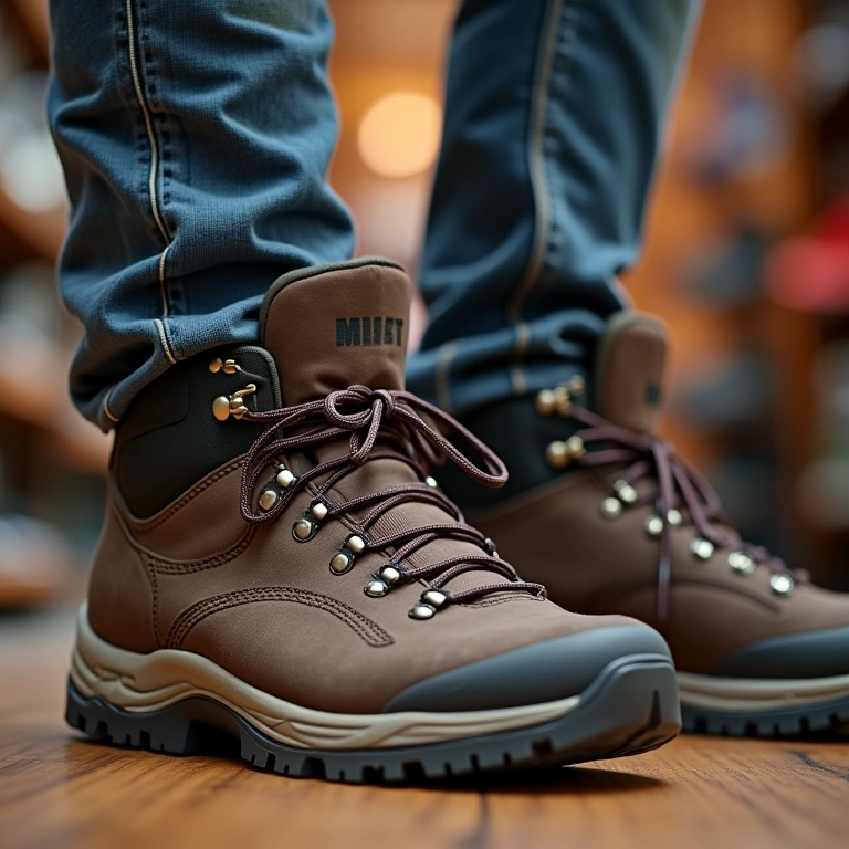 Hiker experimentando botas de trilha em uma loja.