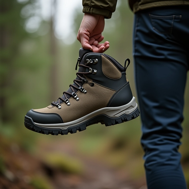 Hiker levantando bota de trilha leve.