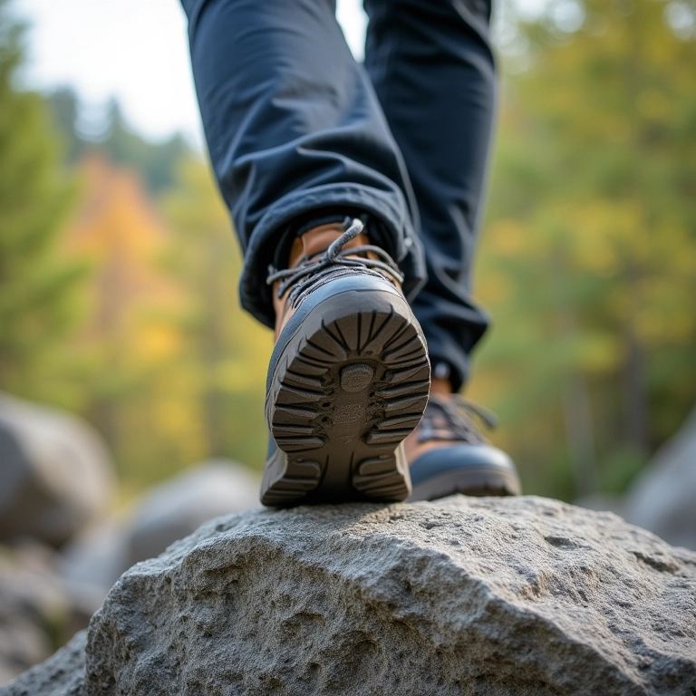 Hiker pisando em rocha com bota de entressola firme.