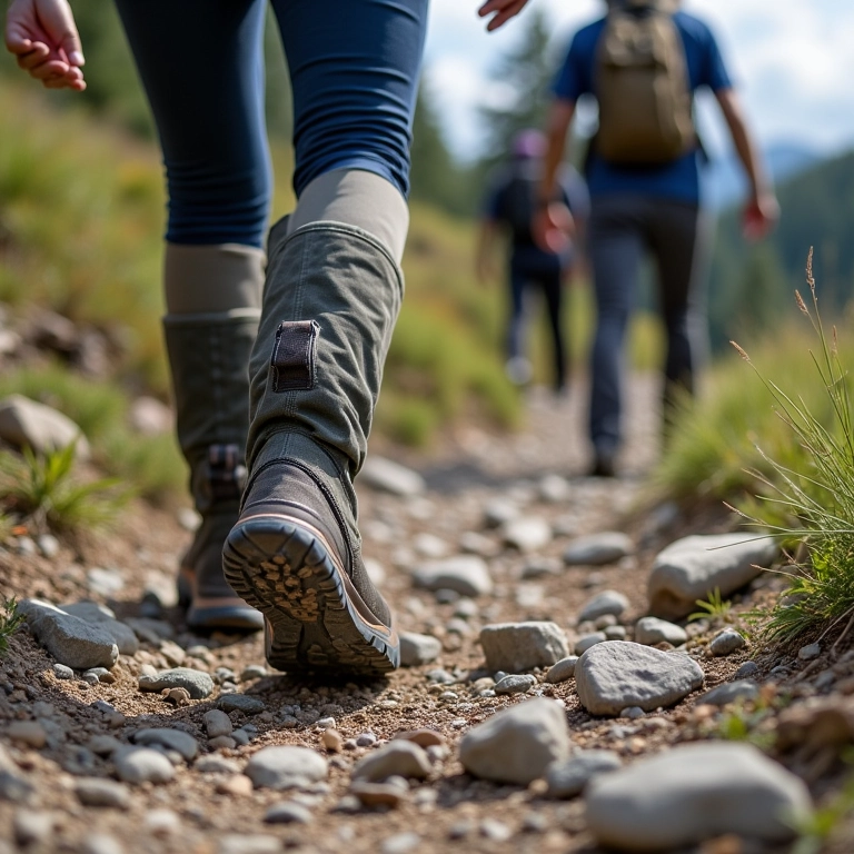 Hikers diversos em trilha rochosa usando botas de trilha com suporte para tornozelo fraco.
