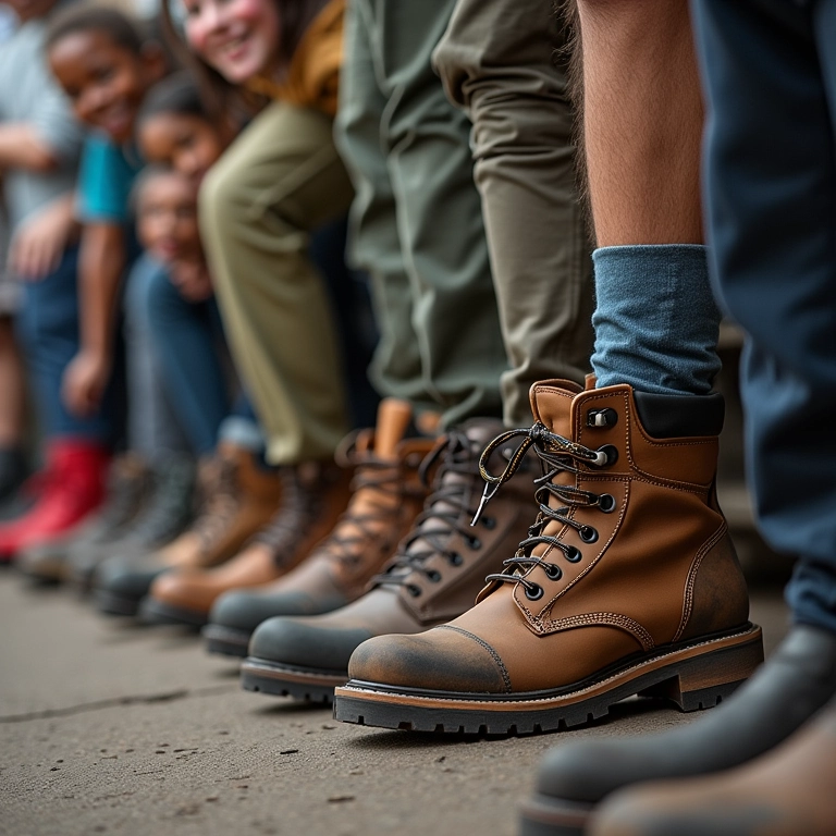 Hikers experimentando botas de trilha em loja.