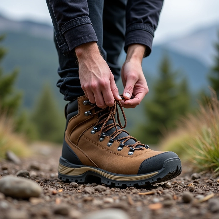 Homem amarrando bota de trekking de cano alto em trilha de montanha.