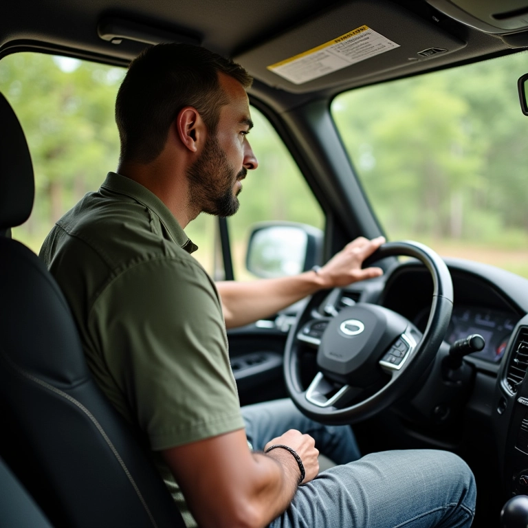 Homem aprendendo a dirigir 4x4 em trilha fácil, com instrutor.