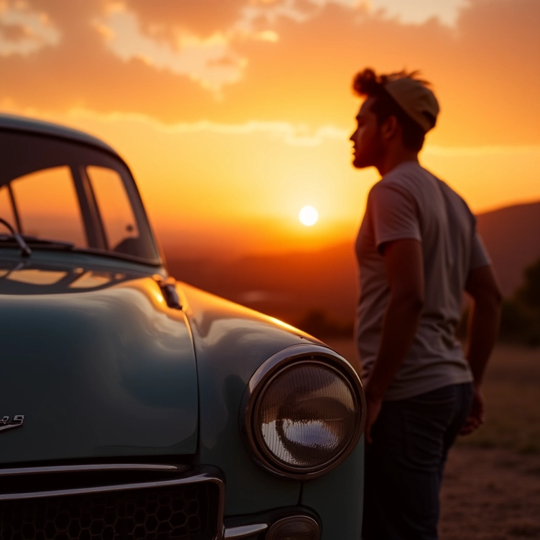 Homem brasileiro admirando seu carro clássico, pôr do sol ao fundo.