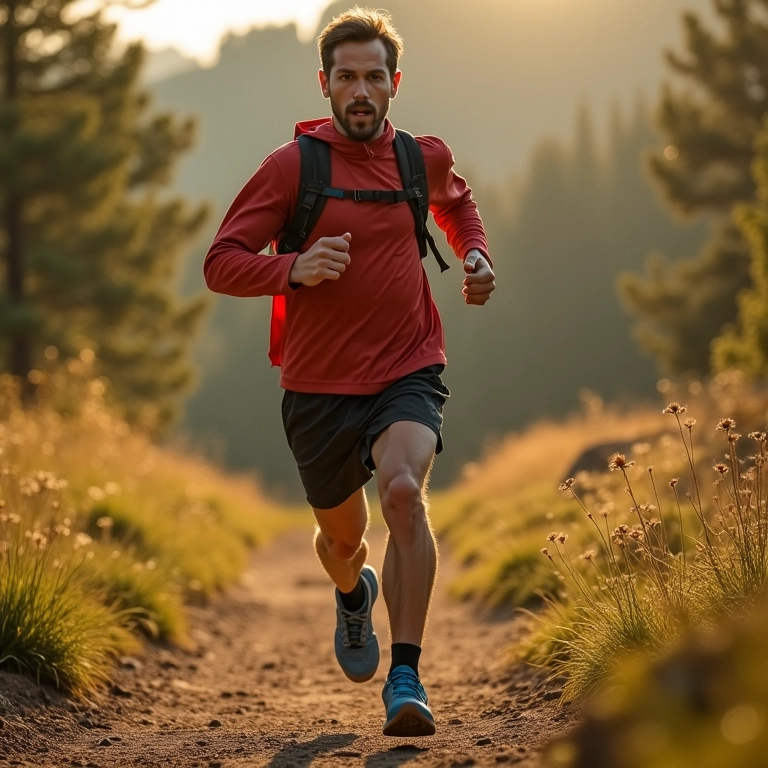 Homem correndo em trilha usando tênis de trilha leve e ágil.