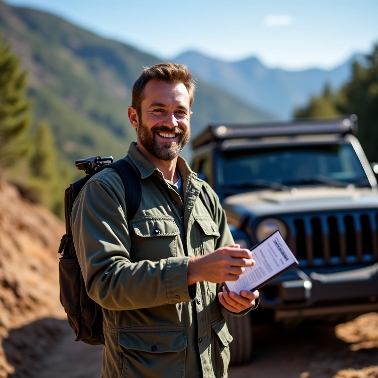 Homem inspecionando seu veículo off-road em trilha na montanha.