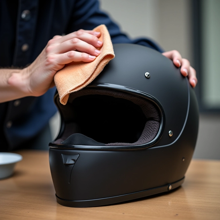 Homem limpando um capacete com cuidado.