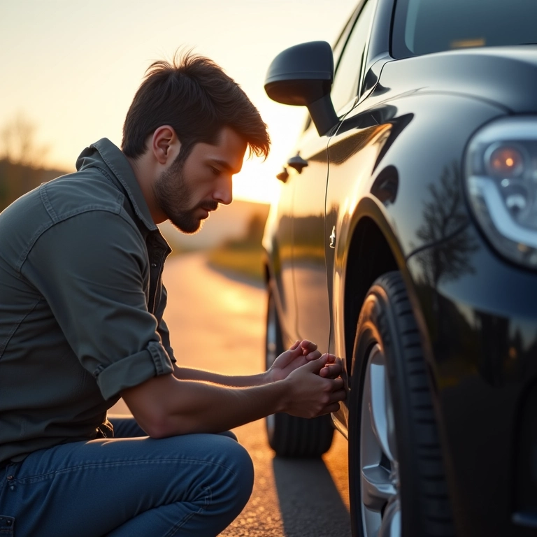 Homem preparando o carro para a viagem.