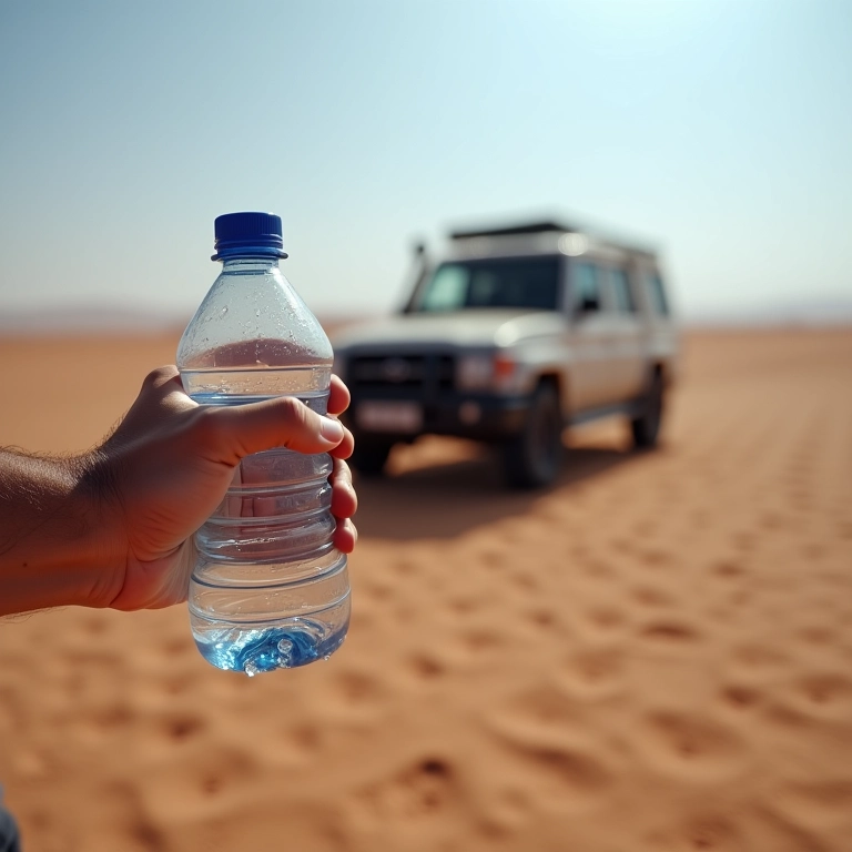 Homem segurando uma garrafa de água parcialmente vazia perto de um 4x4 em uma paisagem desértica.