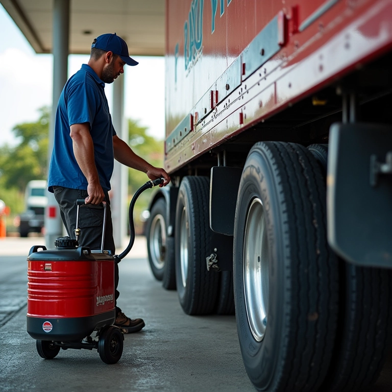 Homem usando compressor de ar Smittybilt 2781 em posto de gasolina.