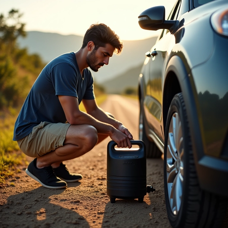 Homem utilizando compressor de ar portátil para encher pneu de carro em viagem no Brasil.