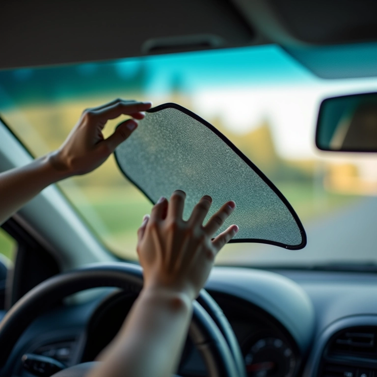 Instalando o protetor solar no carro.