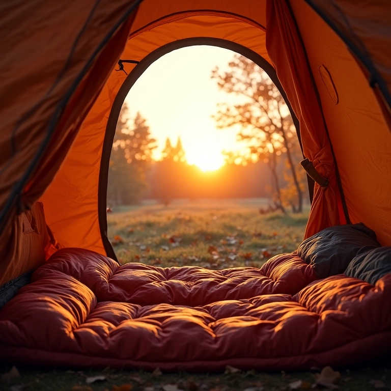 Interior de barraca com vista para paisagem ensolarada de outono.