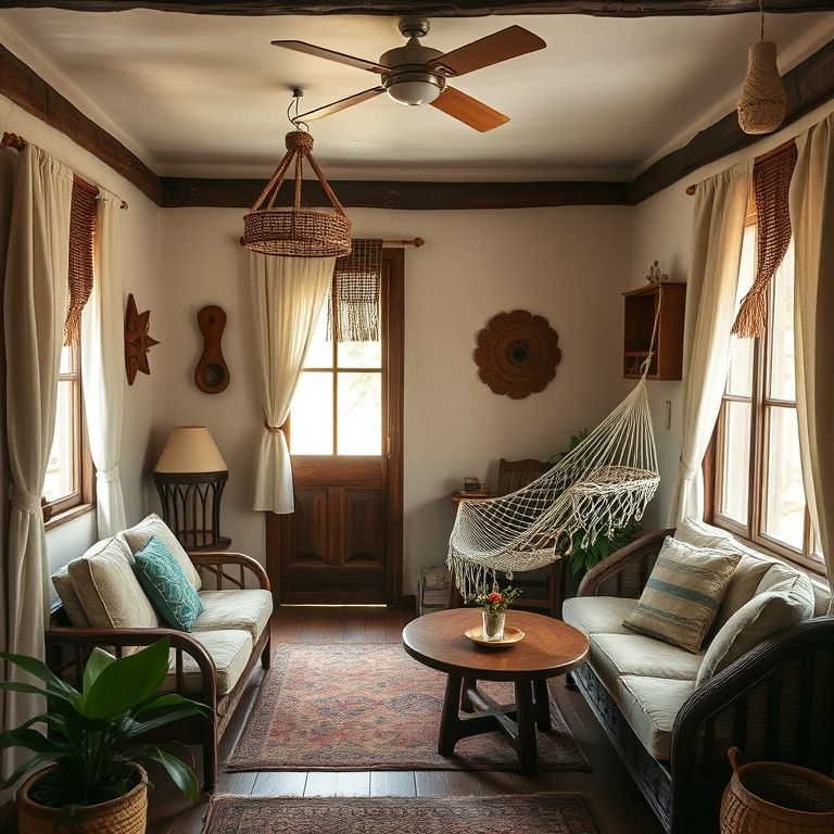 Interior de pousada aconchegante na Bahia.