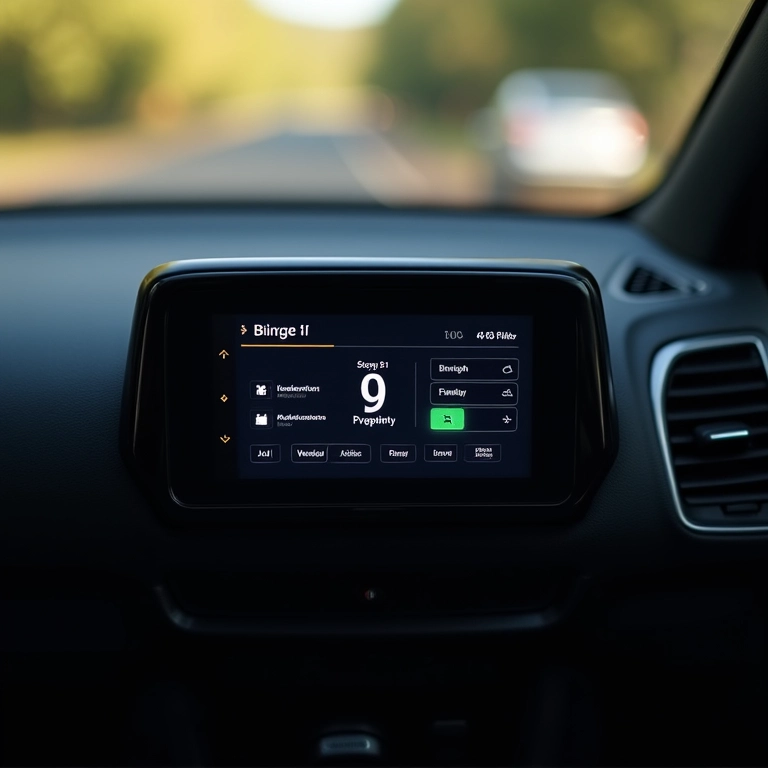 Interior de um carro com foco no painel mostrando opções de orçamento e consumo de combustível.