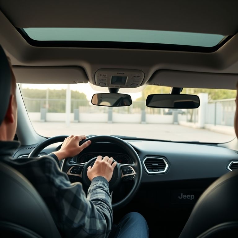 Interior de um Jeep Compass com motorista utilizando o freio de estacionamento eletrônico.