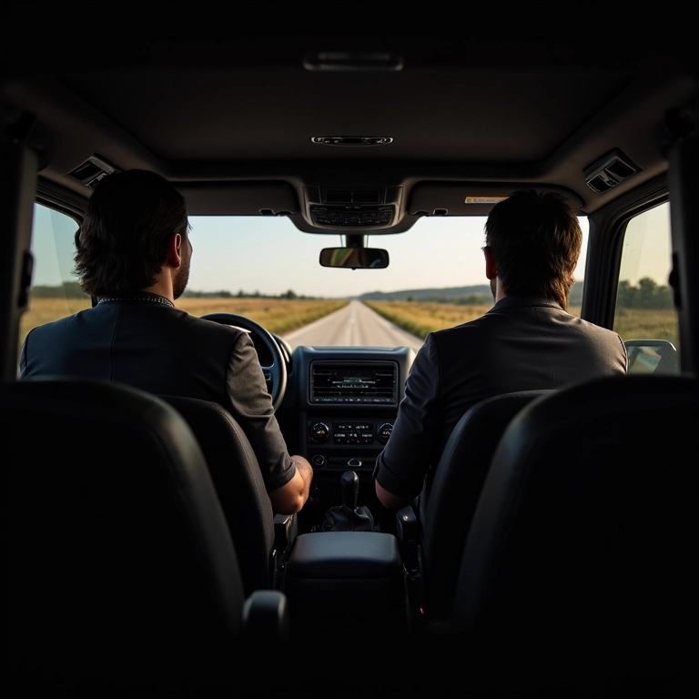 Interior de um Land Rover Defender, assentos confortáveis, estrada longa à frente.