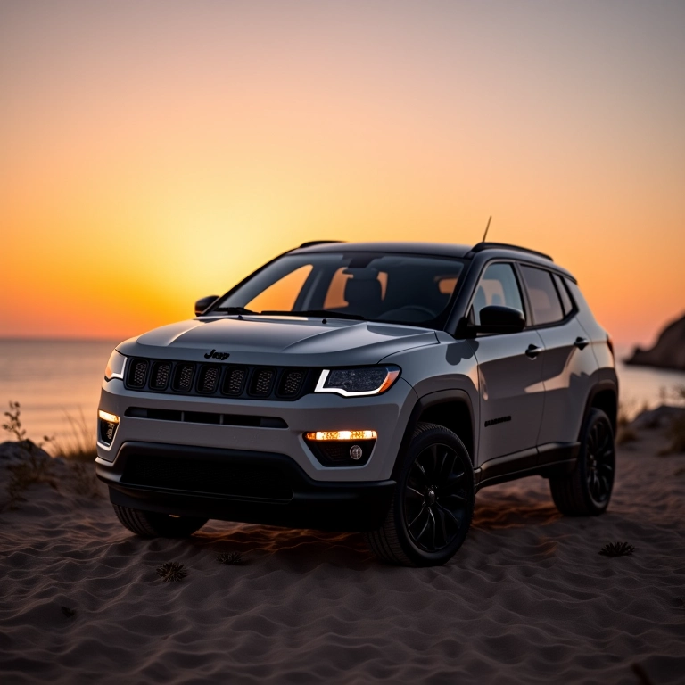 Jeep Compass estacionado em uma praia ao pôr do sol, estilo de vida aventureiro.