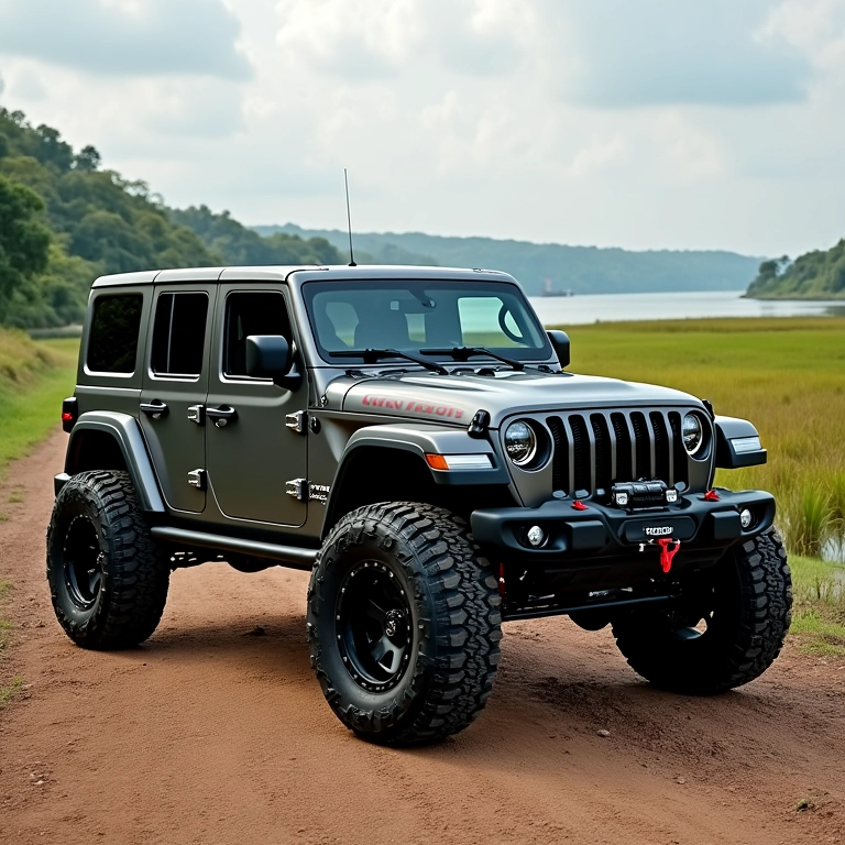 Jeep Wrangler com pneus maiores após instalação do kit lift.