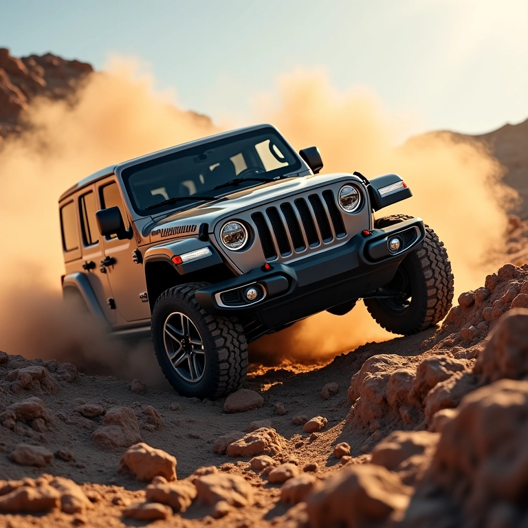 Jeep Wrangler subindo colina rochosa com poeira.