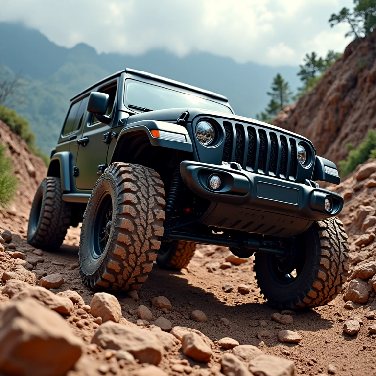 Jeep Wrangler subindo trilha rochosa com pneus off-road no Brasil.