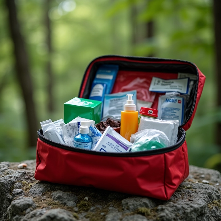 Kit de primeiros socorros aberto em acampamento.