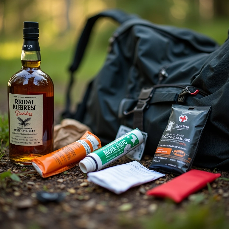 Kit de primeiros socorros e itens essenciais para camping.