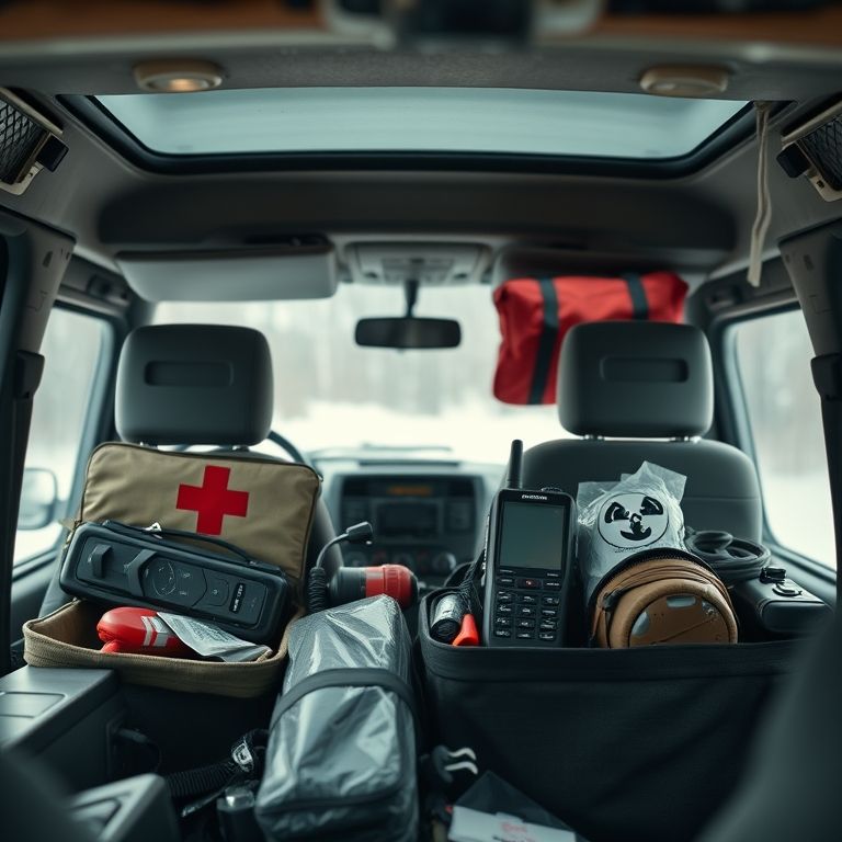 Kit de primeiros socorros, GPS e rádio comunicação em 4x4.