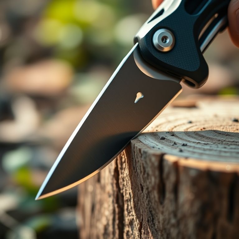 Lâmina de canivete multifuncional cortando madeira.