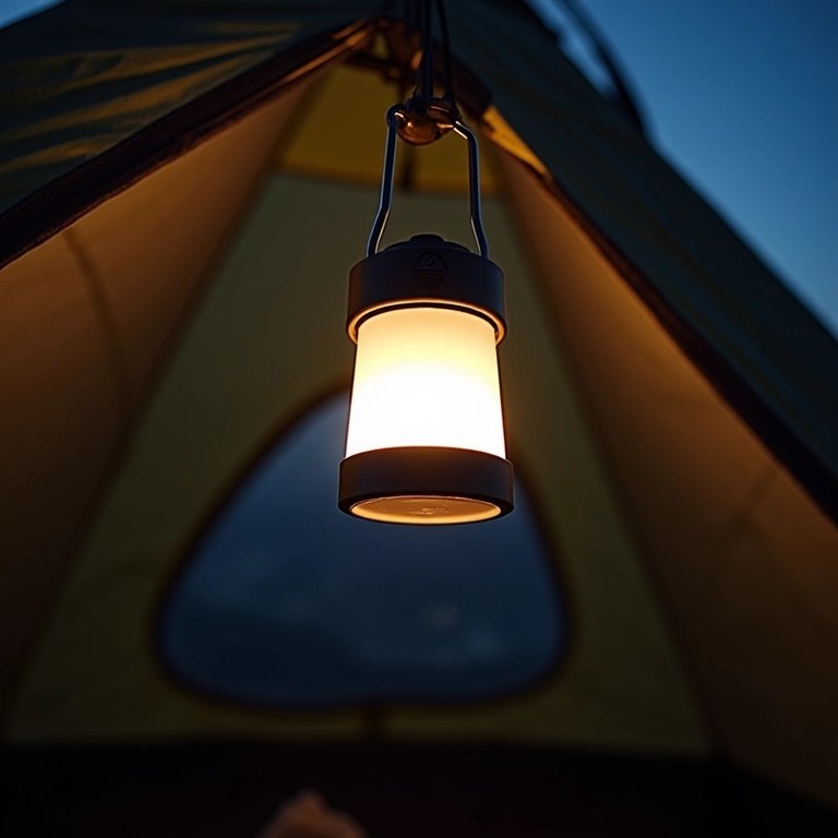 Lampião de LED Nautika Orion pendurado em uma barraca.