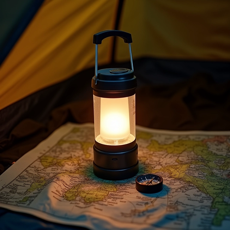 Lampião de LED recarregável com bússola sobre um mapa.