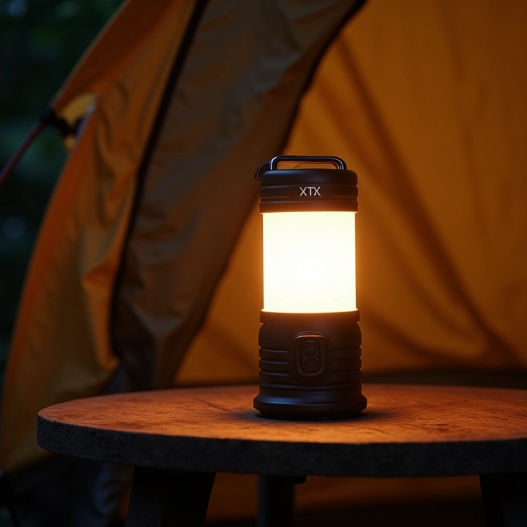 Lampião de LED Recarregável XTK em uma barraca de camping.