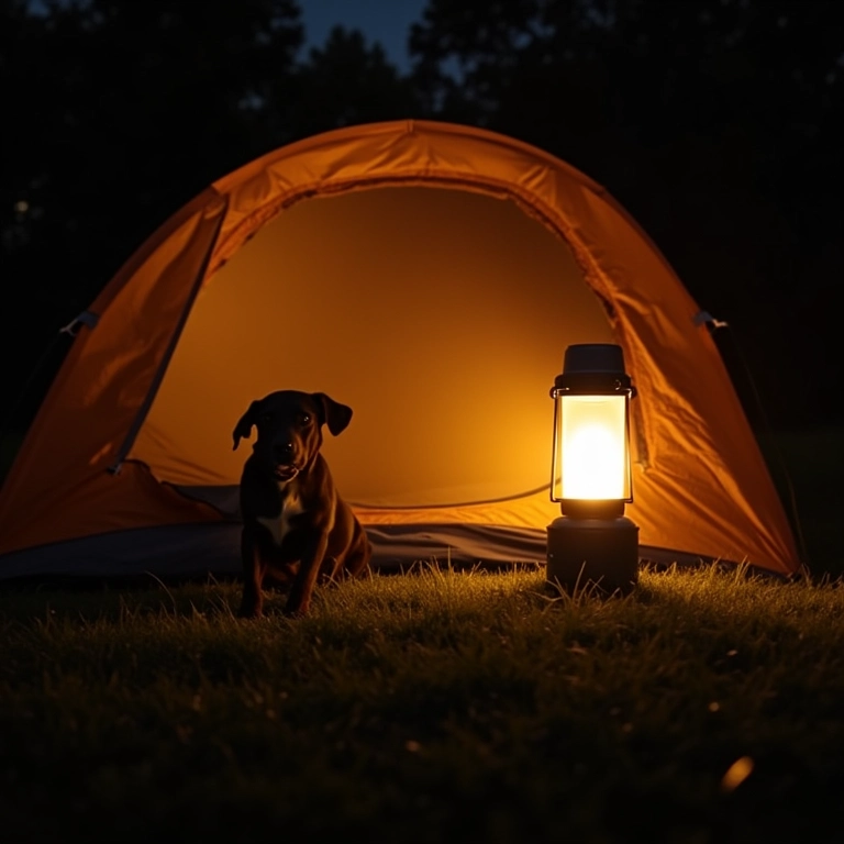 Lampião de LED superpotente iluminando uma barraca de camping.