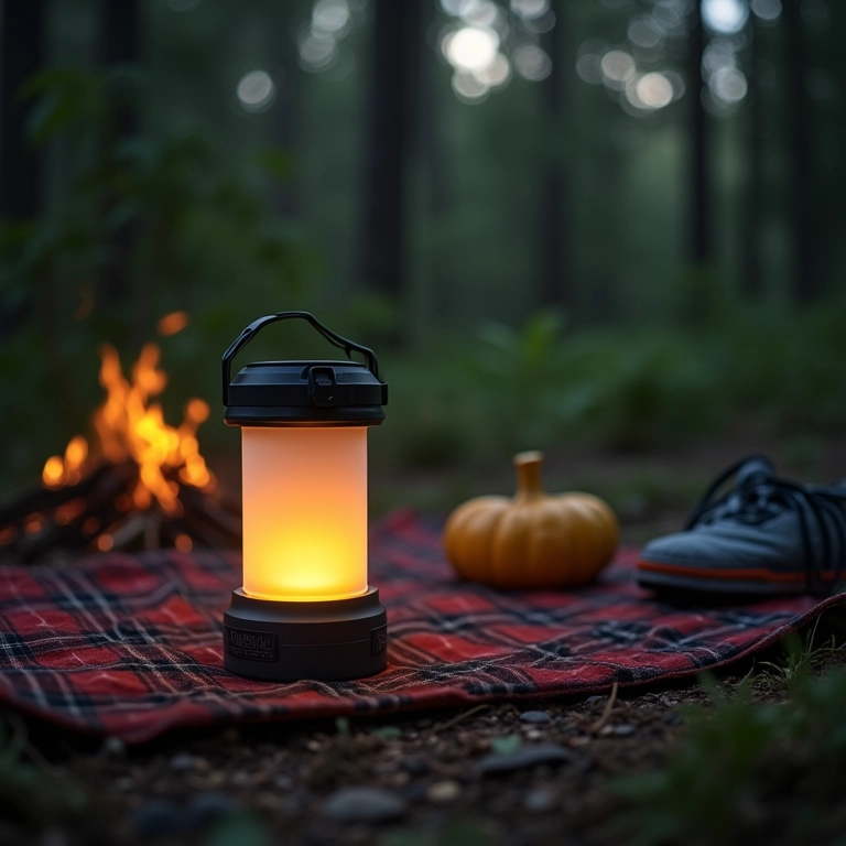 Lampião de LED VIX Camp em um piquenique na floresta.