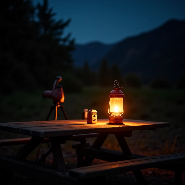 Lampião para camping com tripé e controle remoto iluminando uma mesa.