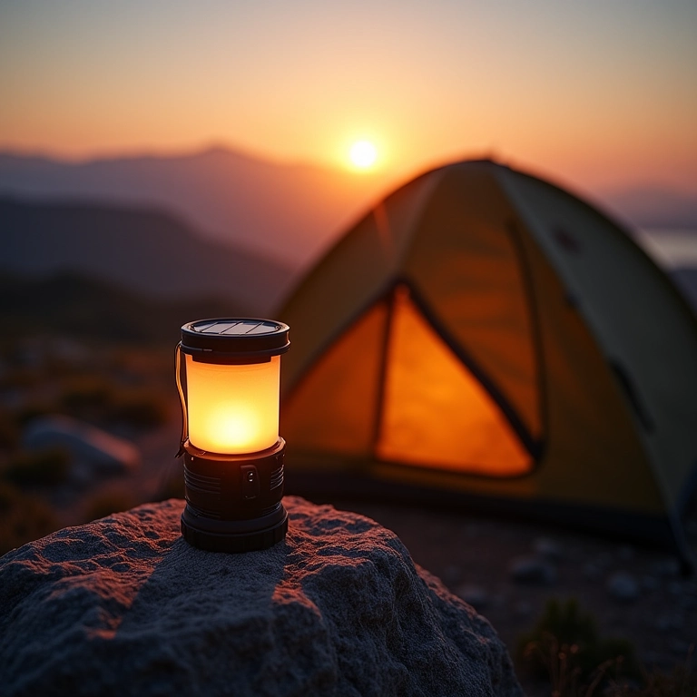 Lampião solar portátil carregando ao sol durante o camping.