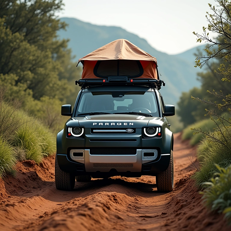 Land Rover com barraca de teto explorando trilha off-road brasileira.