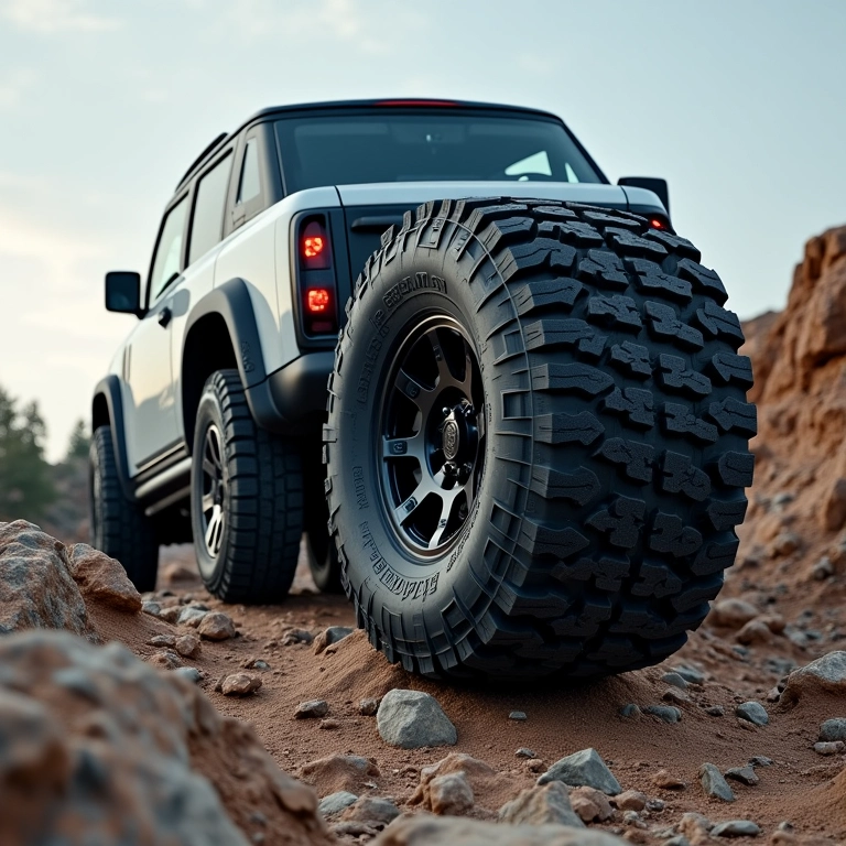 Land Rover Defender com pneus Cooper Discoverer STT Pro escalando rocha.