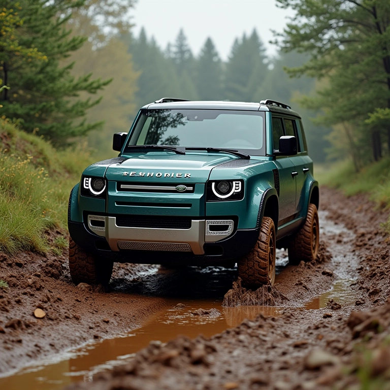 Land Rover Defender navegando elegantemente em trilha de lama.