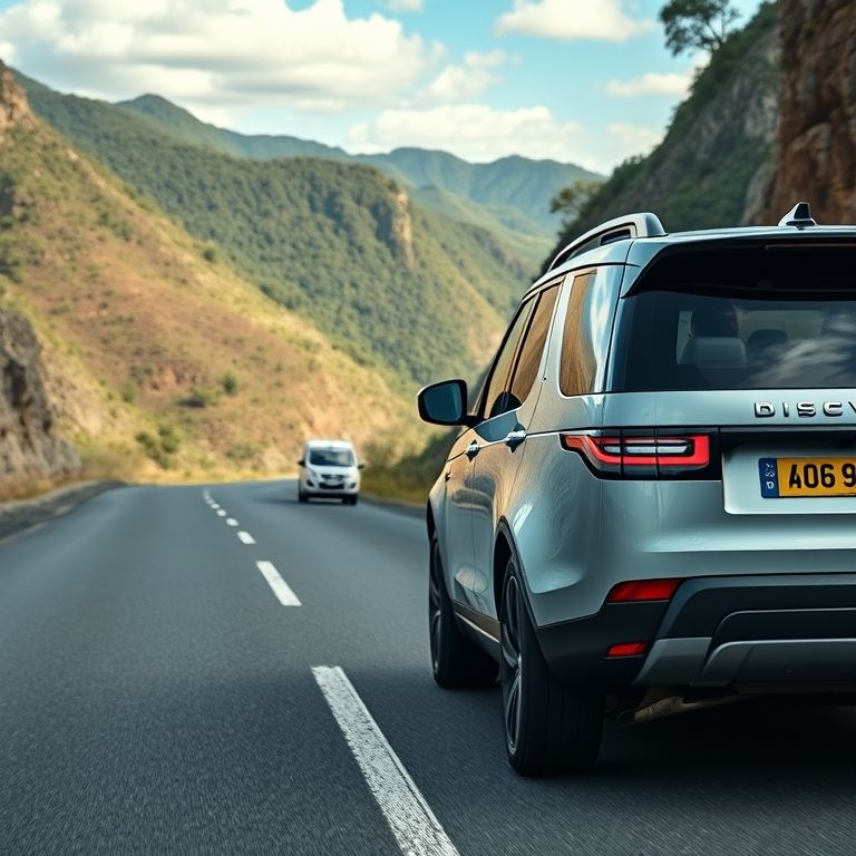 Land Rover Discovery em uma estrada montanhosa com o freio de estacionamento eletrônico ativado.