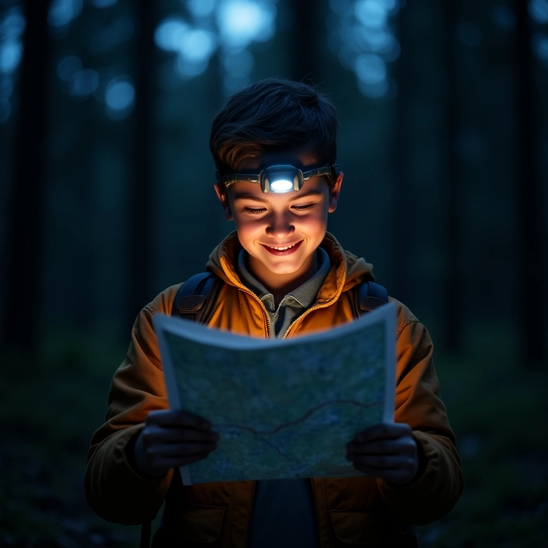 Lanterna de cabeça iluminando mapa em acampamento.