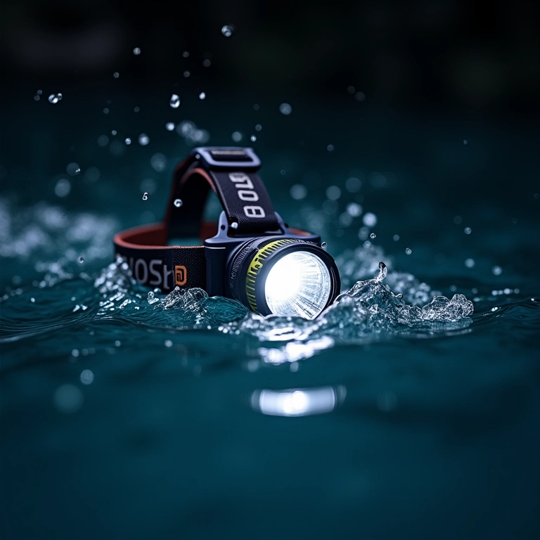 Lanterna de cabeça sendo submersa na água, demonstrando sua resistência.