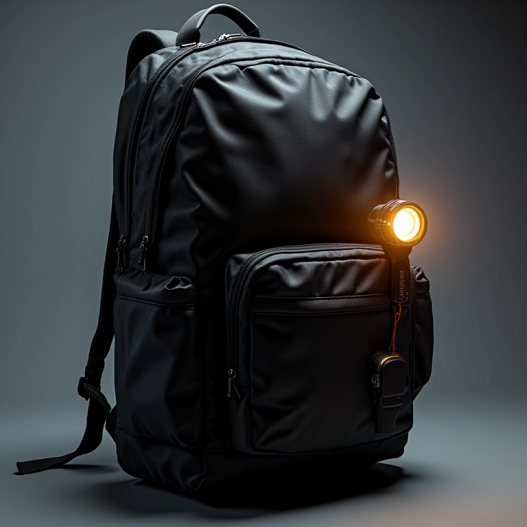 Lanterna e apito visíveis na mochila de 25 litros.