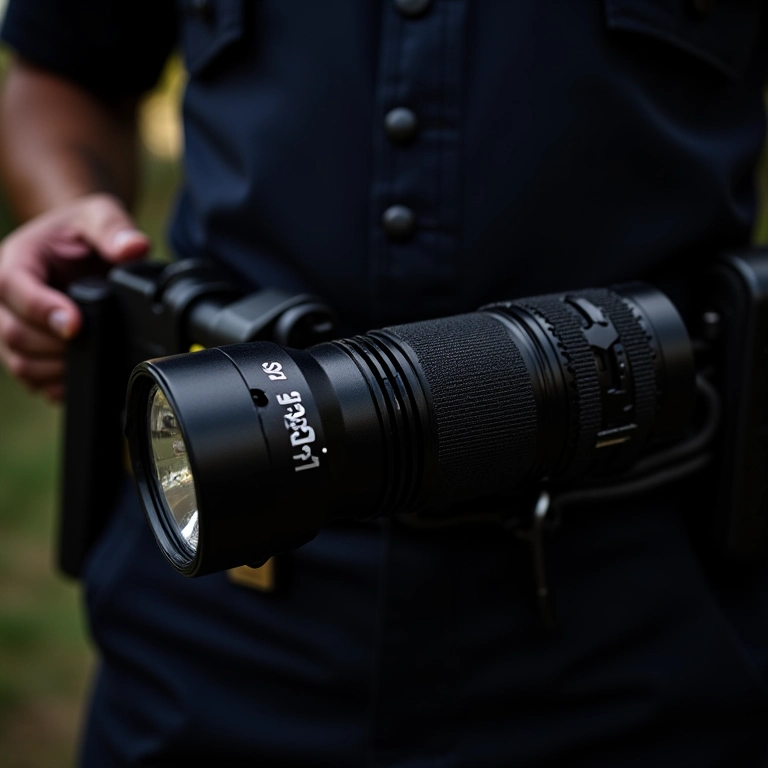 Lanterna tática Fenix PD35 TAC no cinto de um policial.