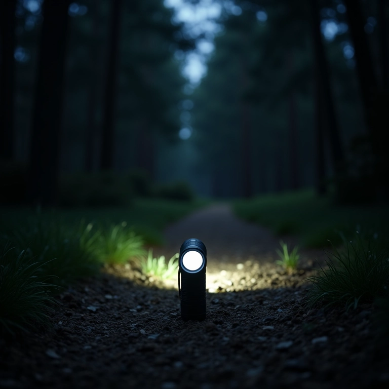 Lanterna tática Olight Warrior 3S iluminando uma trilha escura.